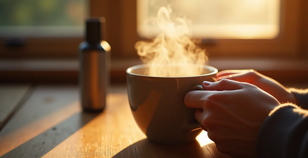 Verre de rooibos vanillé fumant avec vapeur citronnée en arrière-plan