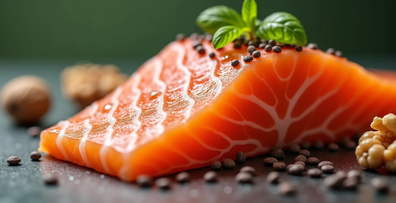 Aliments riches en oméga-3 comme du saumon, des noix et des graines de chia, vus en macro.