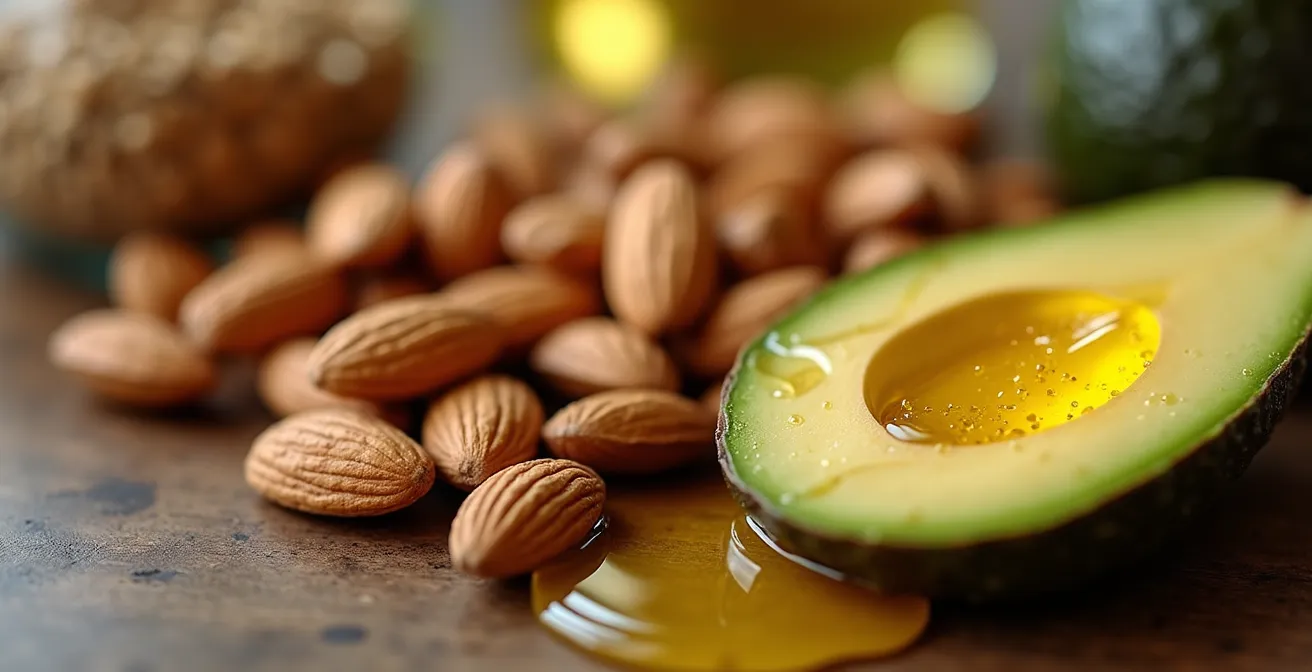 Sélection d'aliments riches en bonnes graisses disposés sur un bureau moderne