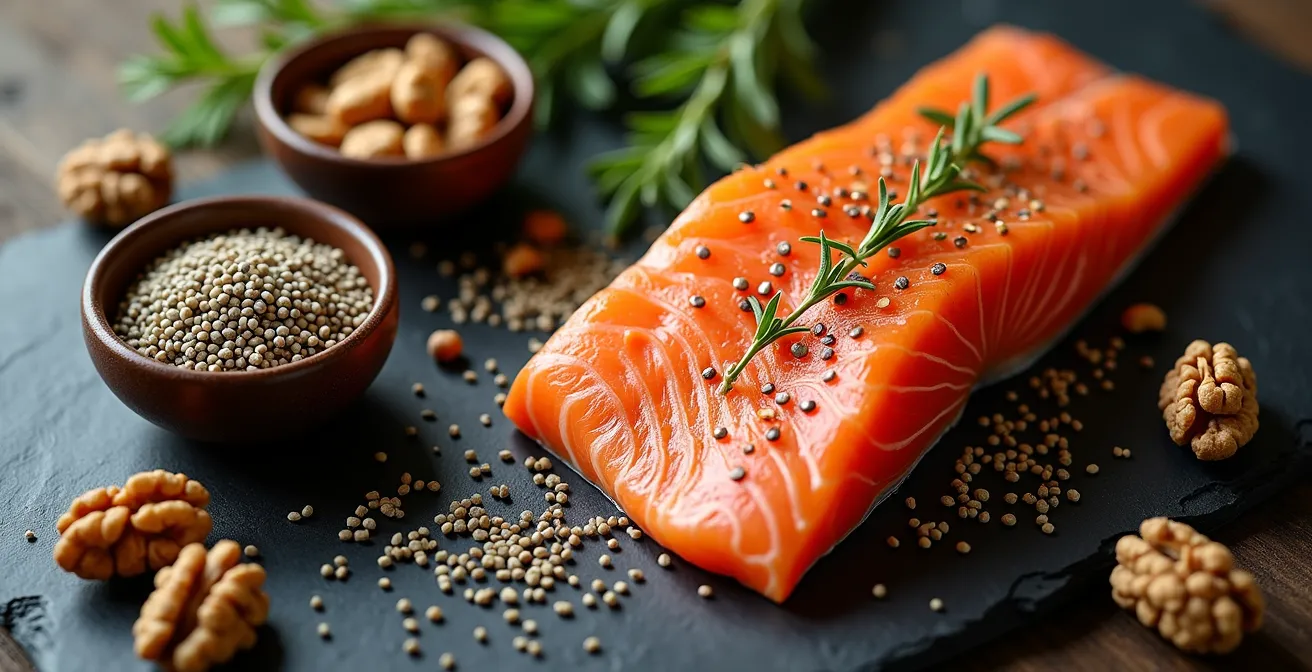 Composition artistique d'aliments riches en oméga-3 comme le saumon et les noix, suggérant une synergie avec le CBD pour une action anti-inflammatoire.