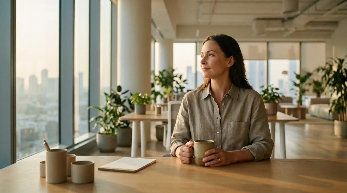 Personne sereine travaillant dans un bureau moderne, illustrant la gestion de l'anxiété au travail