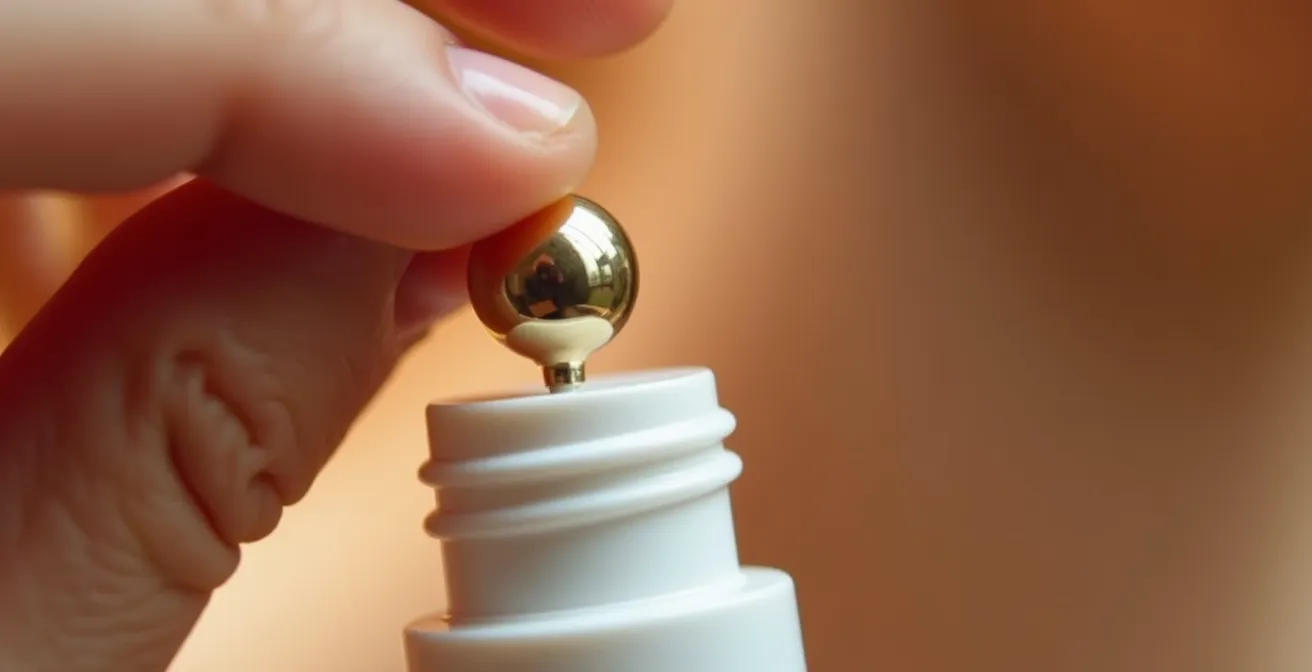 Gros plan sur une main appliquant un roll-on sur la nuque avec technique de pression