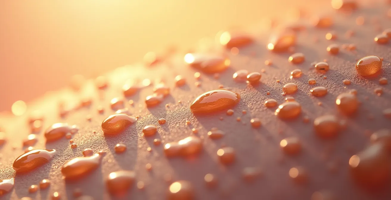 Vue macro d'une texture de peau hydratée avec des gouttes d'huile dorée symbolisant une barrière cutanée saine