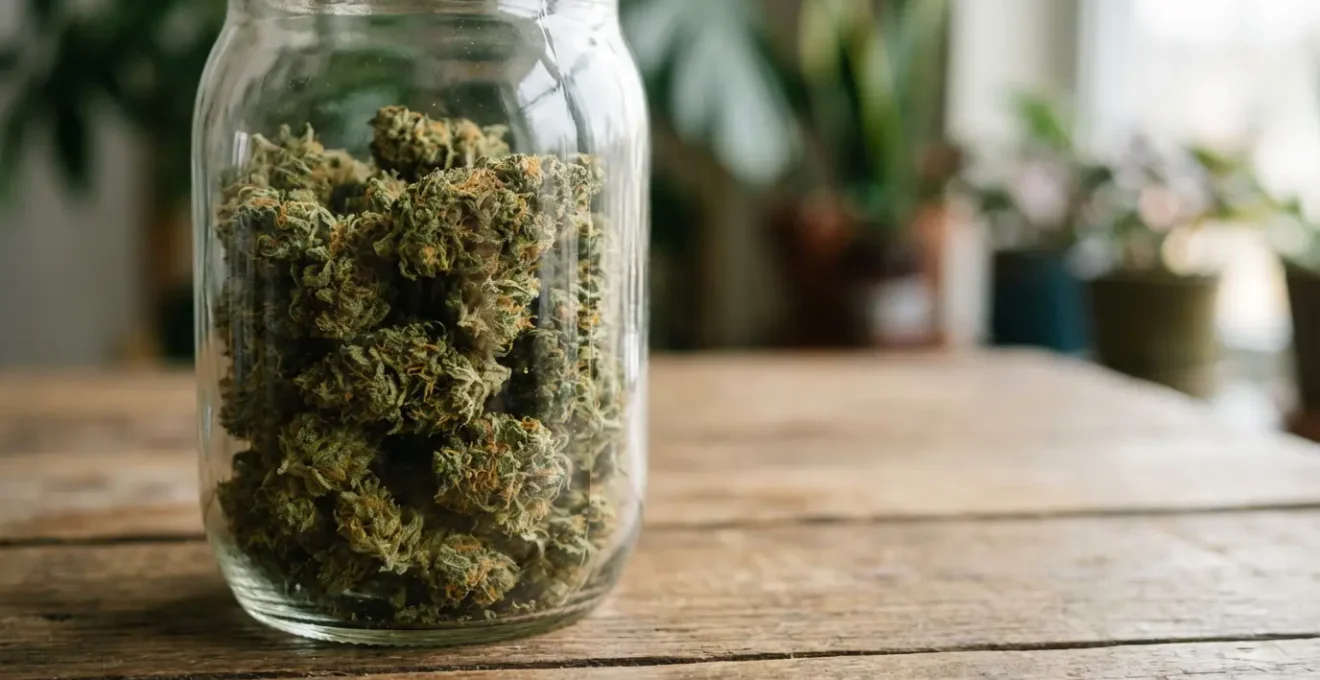 Bocal en verre contenant des fleurs de chanvre CBD séchées sur table en bois