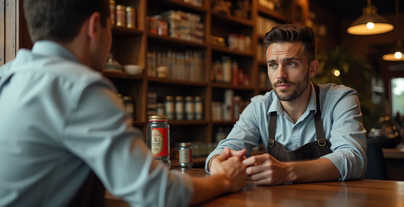 Buraliste conseillant un client au comptoir d'un bureau de tabac