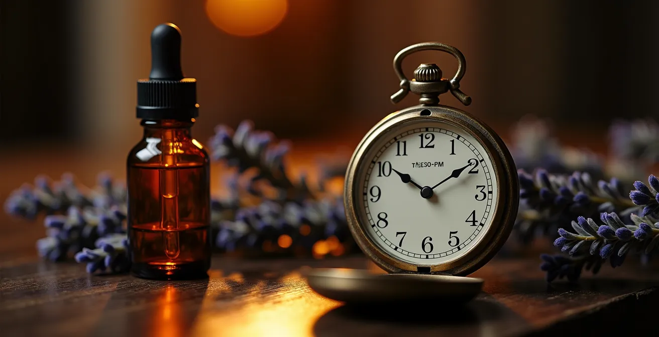 Horloge biologique et flacon d'huile CBD suggérant le timing optimal de prise