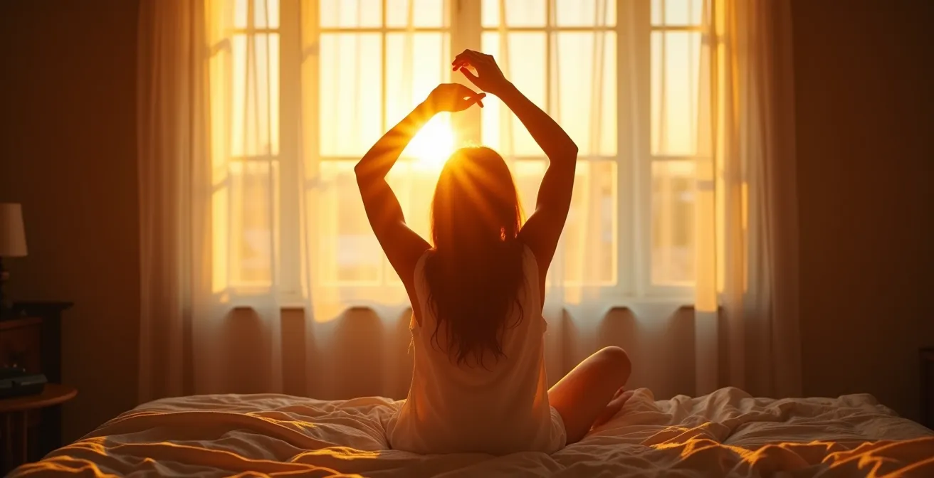 Intérieur de chambre baignée dans une lumière matinale douce avec personne s'étirant