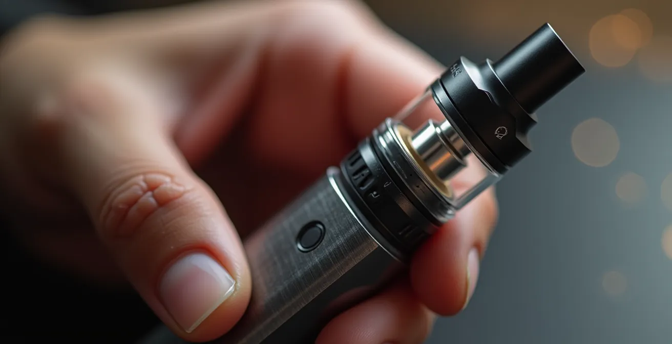 Vue macro d'une main tenant délicatement une vapoteuse avec détails de texture