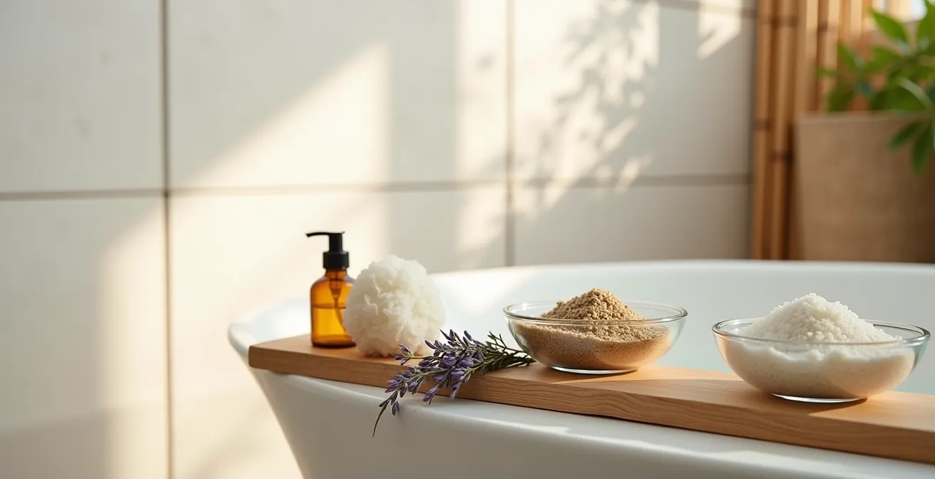 Vue minimaliste d'un environnement spa avec sels de bain naturels et accessoires de massage thérapeutique