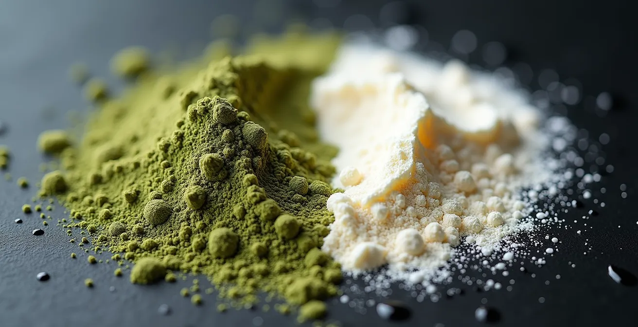 Comparaison visuelle entre poudre de protéine de chanvre verte et whey blanche avec éléments suggérant la digestion