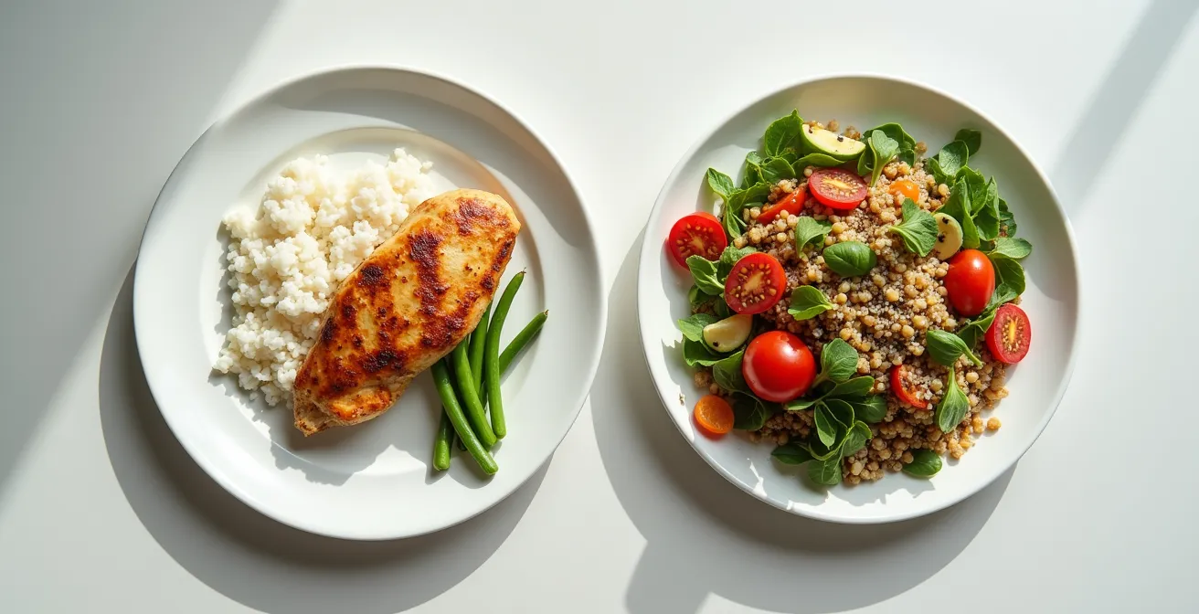 Comparaison visuelle du volume d'aliments pour obtenir 40g de protéines entre repas vegan et omnivore