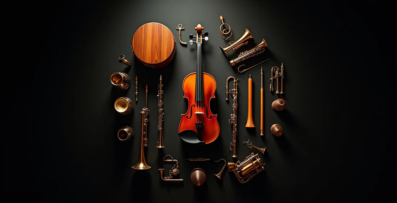Composition symbolique d'instruments de musique arrangés en cercle avec jeu de lumière créant une harmonie visuelle