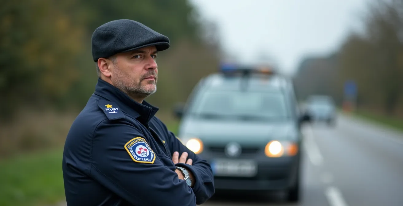 Agent de gendarmerie en uniforme effectuant un contrôle routier sur une route départementale