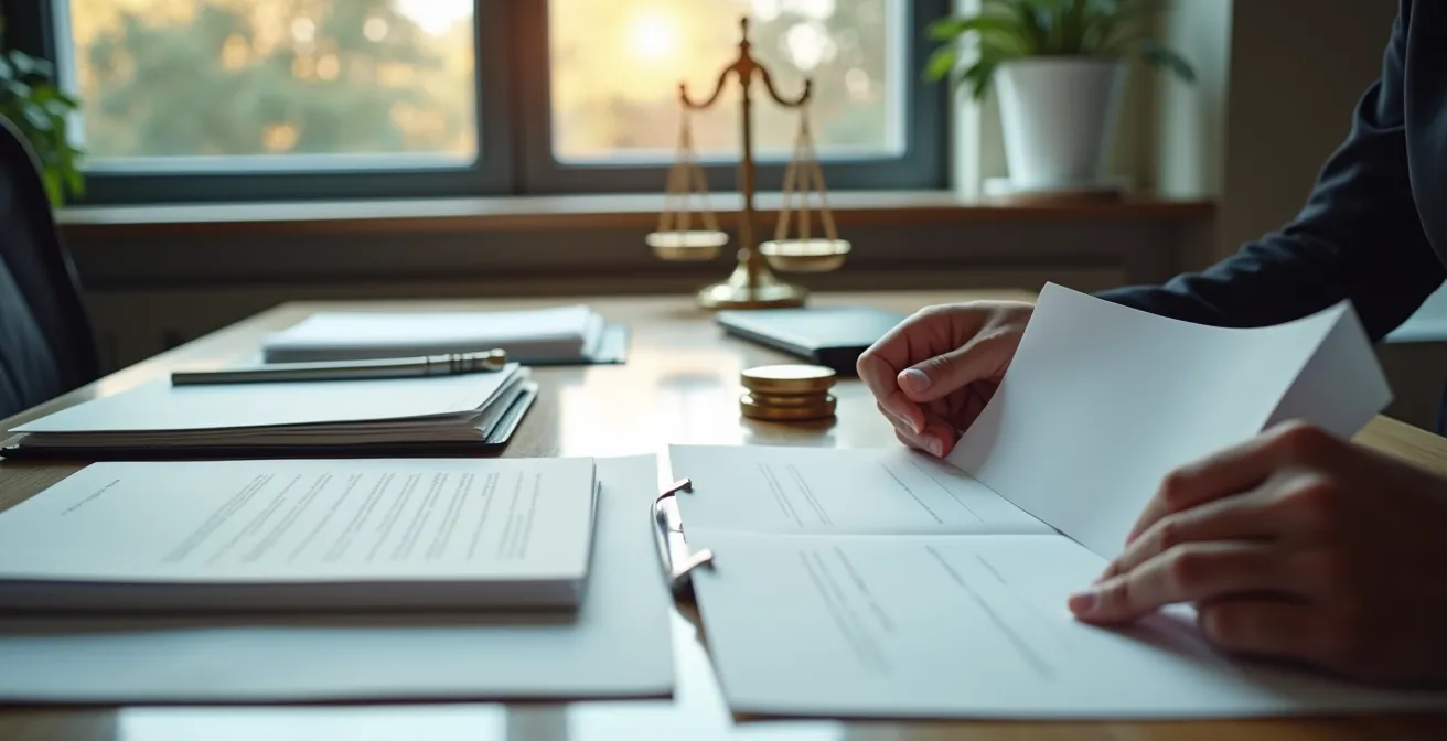 Bureau d'avocat avec dossiers juridiques et balance de justice floue en arrière-plan