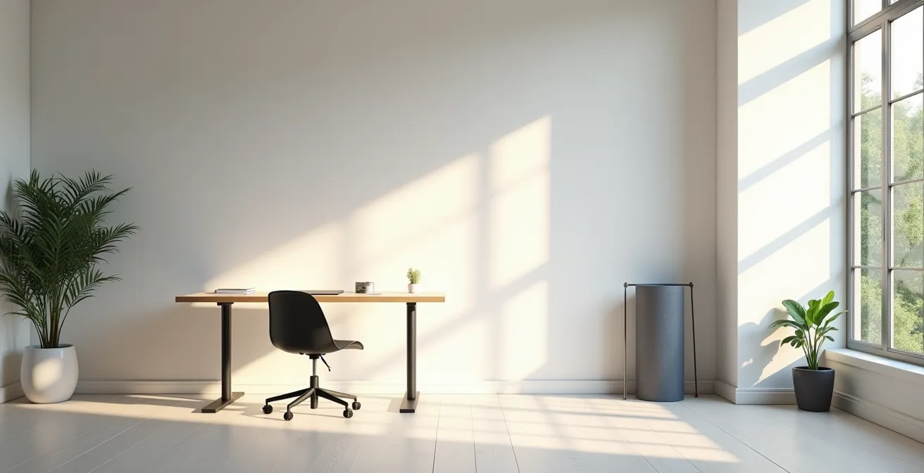 Vue large d'un espace de travail à domicile épuré avec bureau ajustable et lumière naturelle