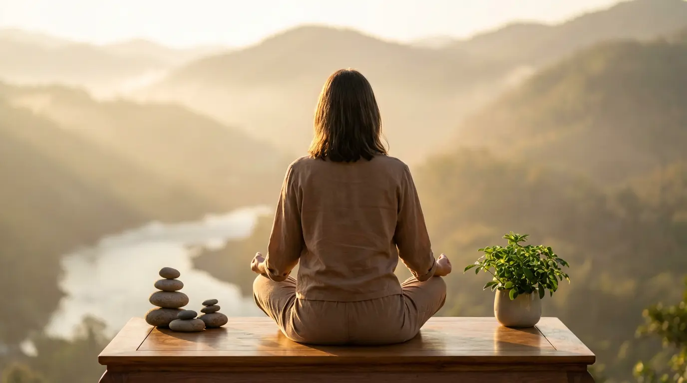 Une personne trouve l'équilibre mental après un burnout grâce à des pratiques de bien-être holistiques