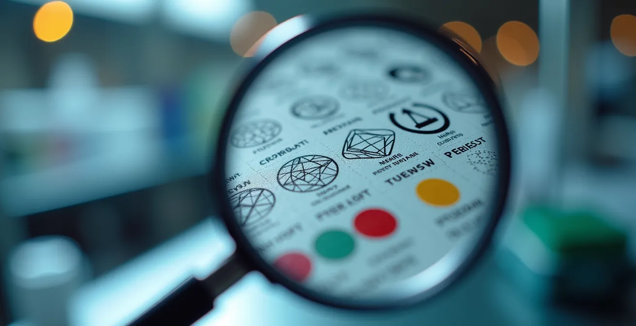 Gros plan sur une étiquette de produit CBD avec loupe révélant les détails d'extraction