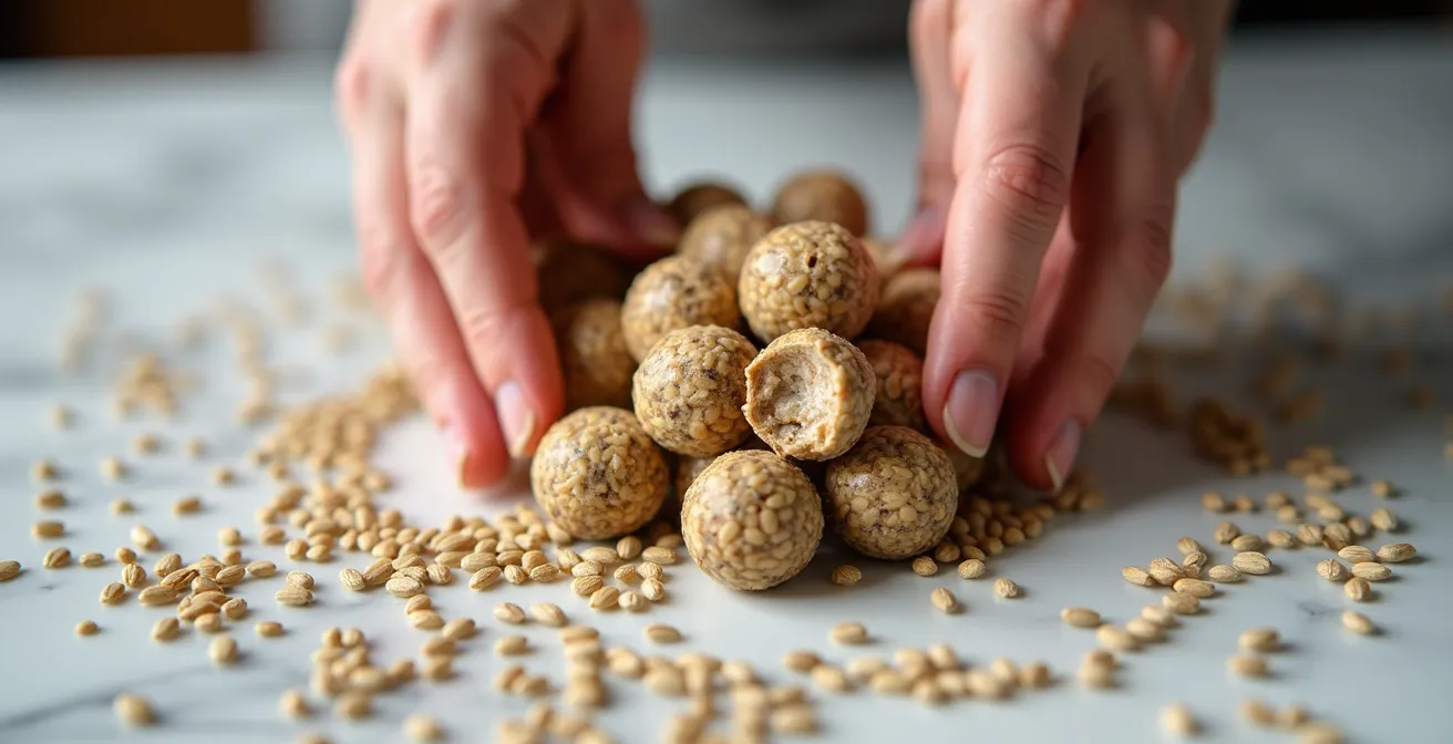 Préparation de fat bombs au chanvre dans une cuisine moderne avec ingrédients keto visibles