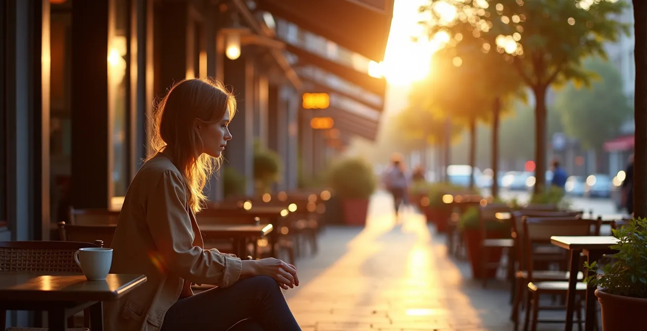 Vue large d'une femme assise seule à une terrasse de café, environnement paisible avec beaucoup d'espace négatif