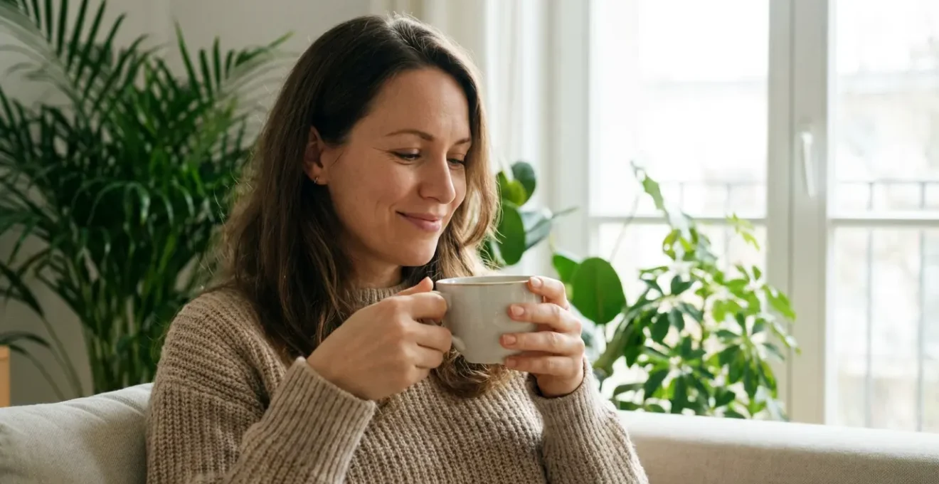 Femme détendue dans son salon tenant une tasse de tisane, ambiance bien-être naturel