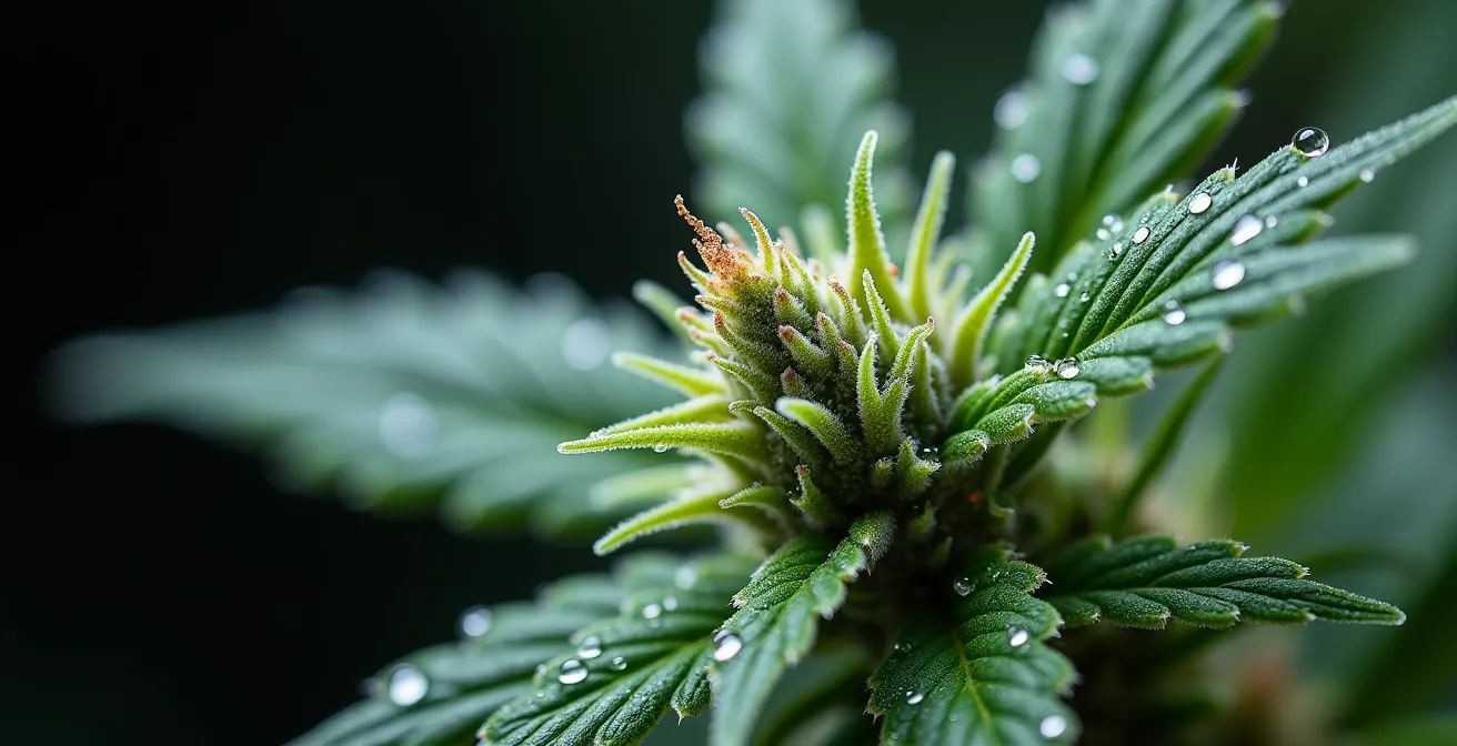 Vue macro d'une fleur de CBD montrant l'excès d'humidité et les trichomes