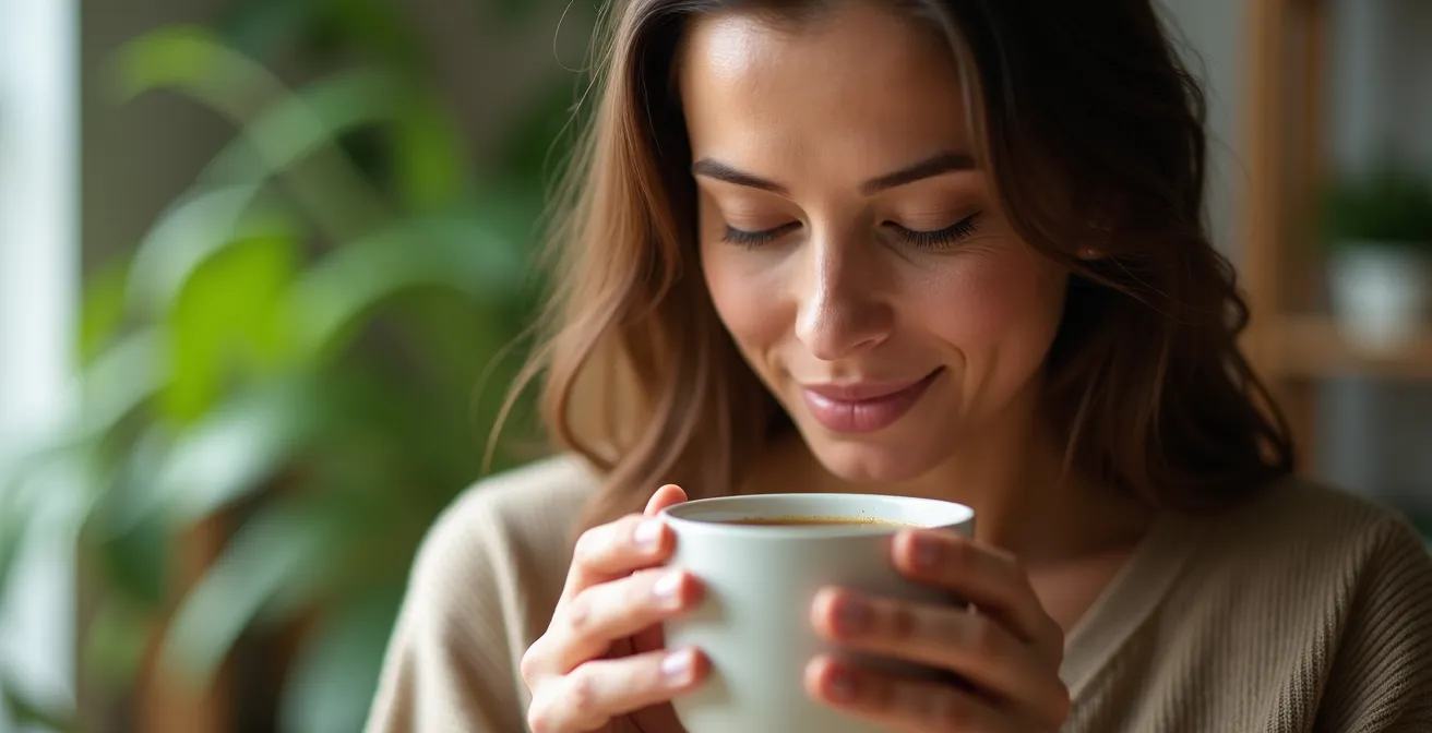 Personne dégustant une infusion de chanvre avec attention dans un moment de pleine conscience
