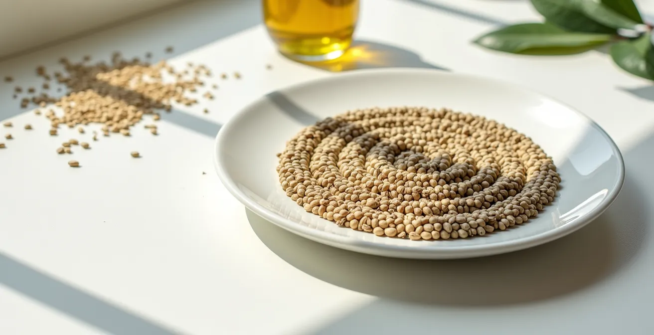 Graines de chanvre décortiquées en gros plan avec représentation visuelle de l'équilibre des acides gras