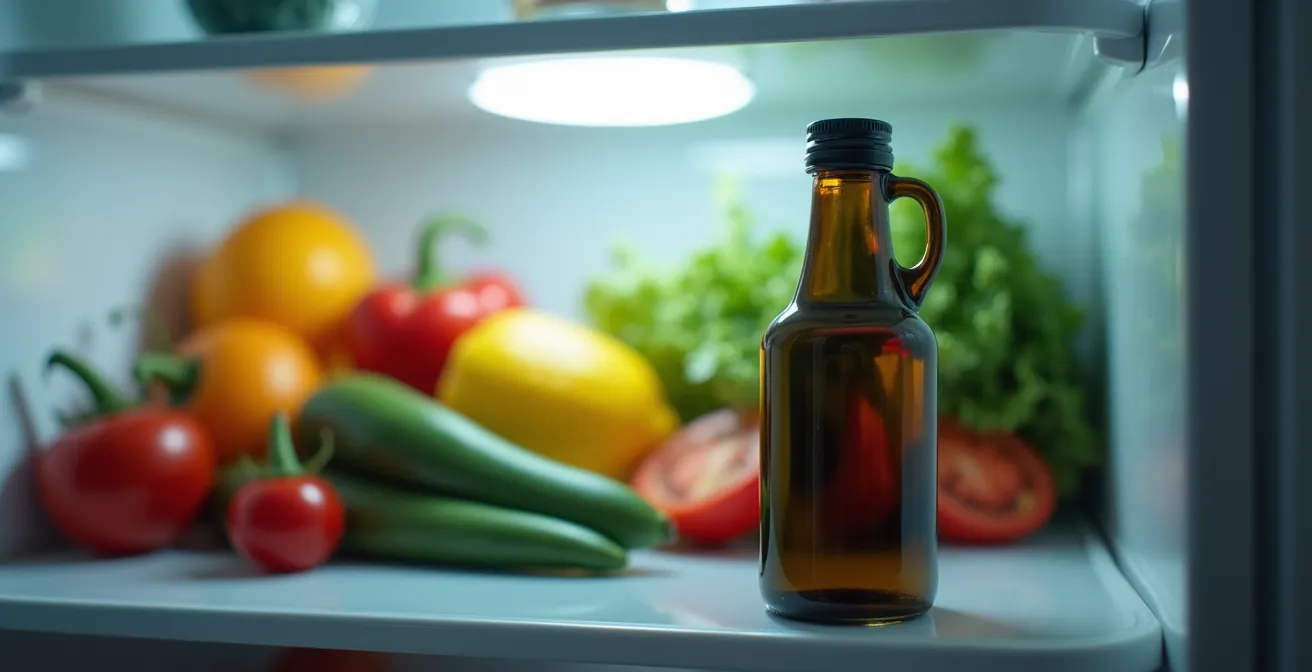 Huile de chanvre dans une bouteille opaque conservée au réfrigérateur avec légumes frais