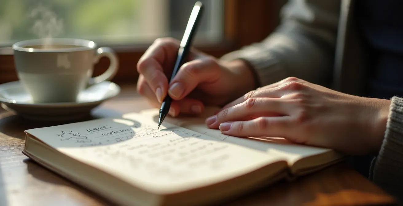 Carnet ouvert avec stylo posé dessus, une tasse de tisane au CBD à côté sur une table en bois