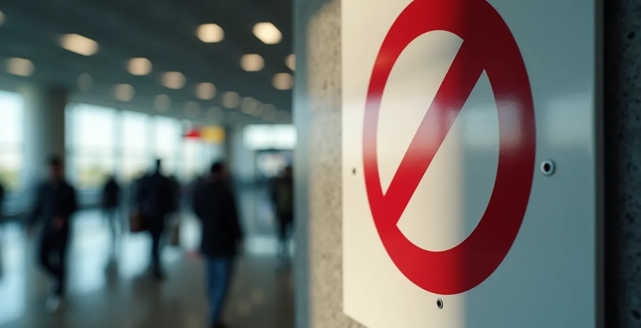 Panneau d'interdiction rouge stylisé dans un hall d'aéroport international avec voyageurs flous en arrière-plan