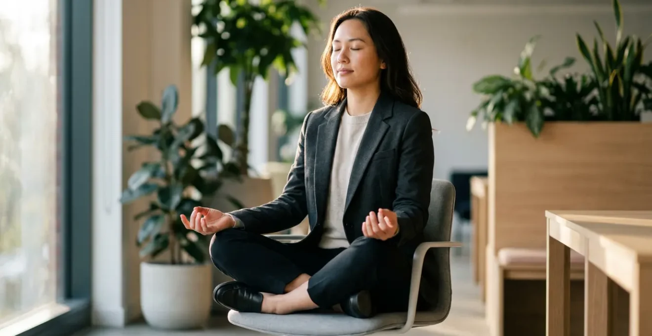 Professionnel en position de méditation au bureau illustrant l'équilibre et la concentration