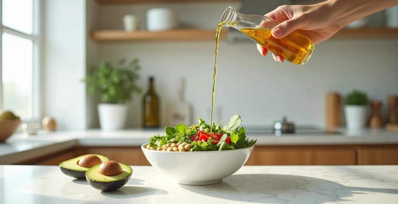 Préparation culinaire avec huile de chanvre versée sur une salade colorée dans un bol en bois