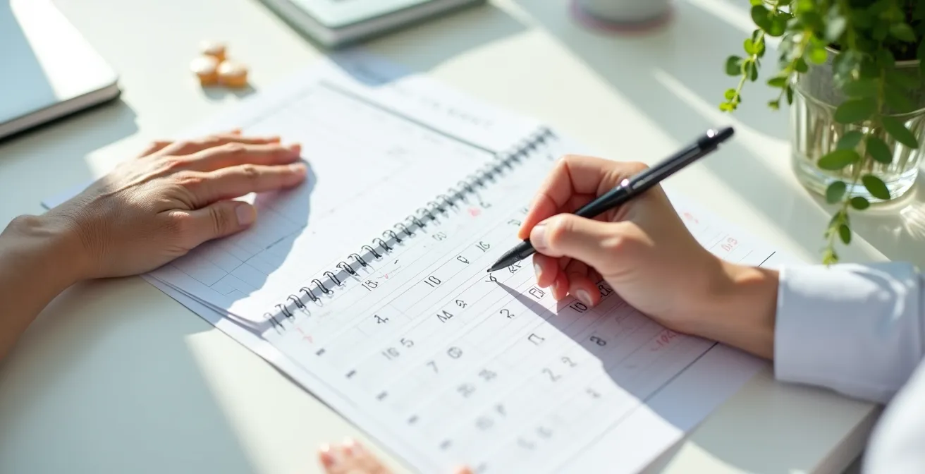 Vue minimaliste d'un calendrier de suivi, avec une progression de dosage notée méthodiquement par une main de personne âgée.