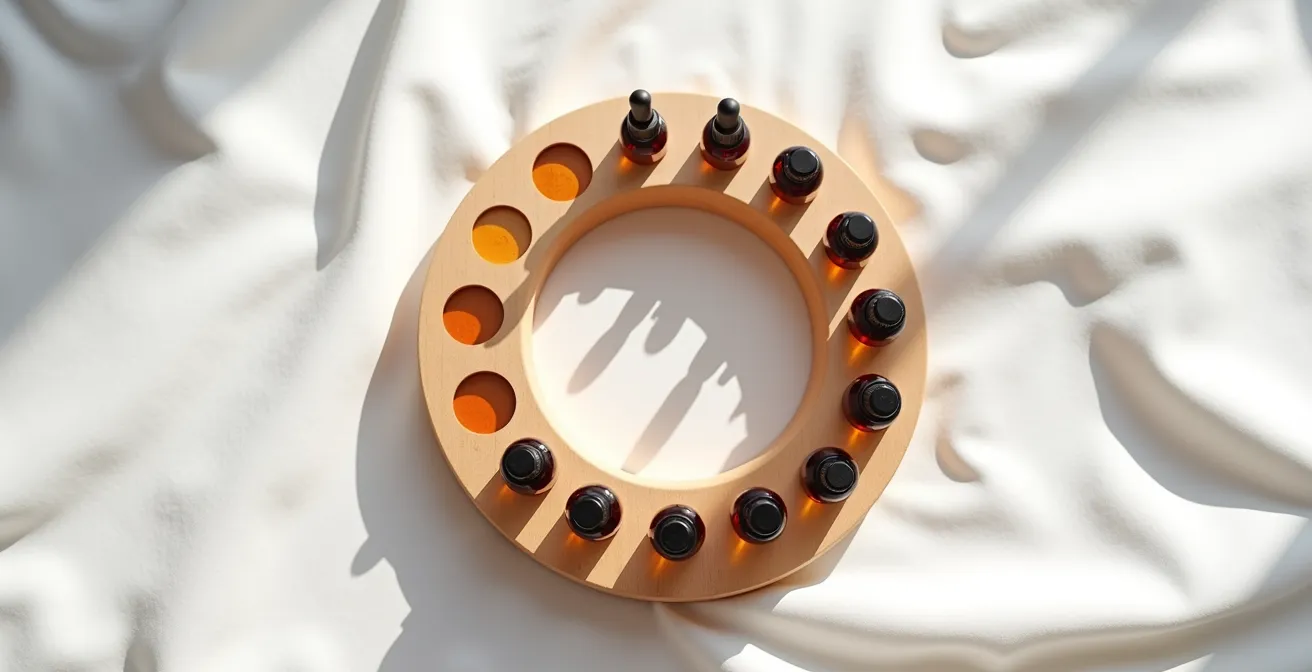 Calendrier menstruel avec fioles d'huile de CBD disposées en progression croissante