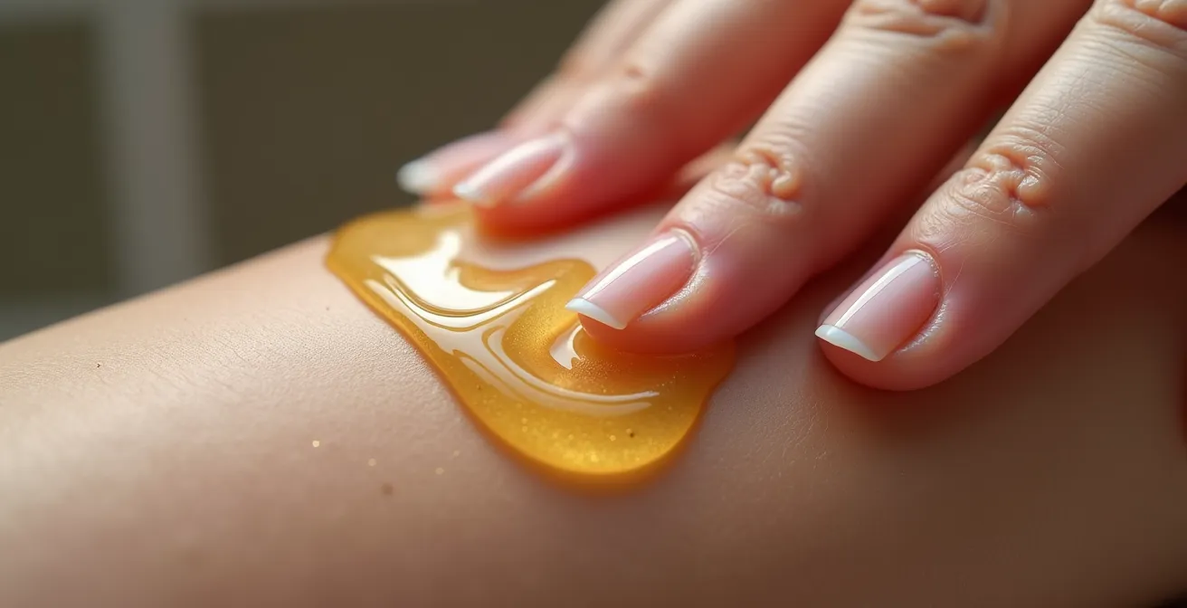 Mains appliquant une huile nettoyante sur un visage, avec texture crémeuse visible sans texte