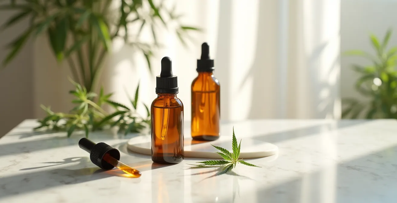 Arrangement minimaliste de flacons ambrés et textures naturelles sur surface en marbre pour une routine de nuit au CBD