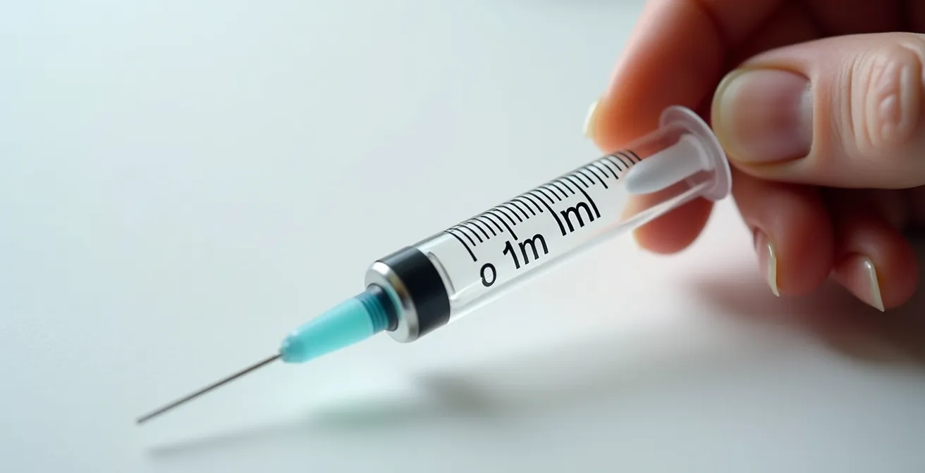 Main d'une personne âgée tenant une seringue graduée de 1ml avec des mesures précises visibles, symbole d'un dosage contrôlé.