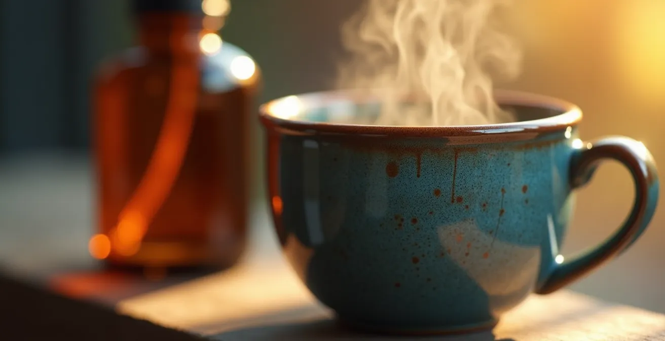 Tasse de café et compte-gouttes d'huile CBD sur un bureau minimaliste symbolisant la synergie pour la concentration