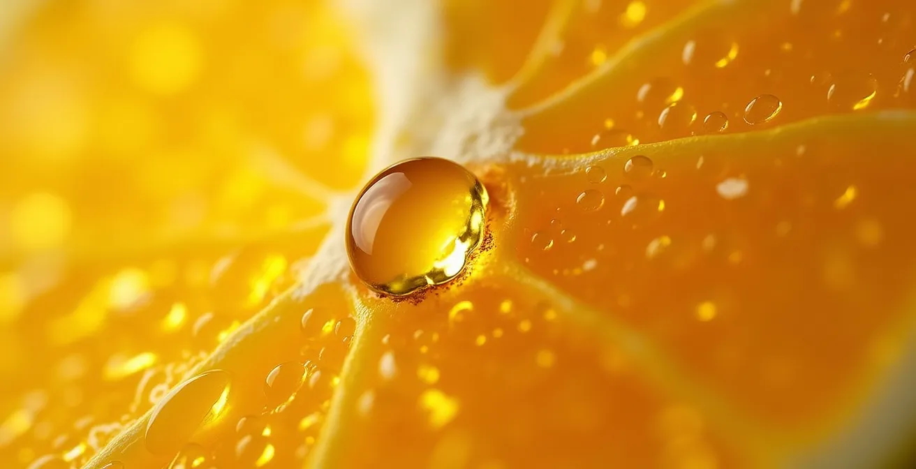 Coupe anatomique stylisée montrant le trajet des molécules d'agrumes du nez au cerveau