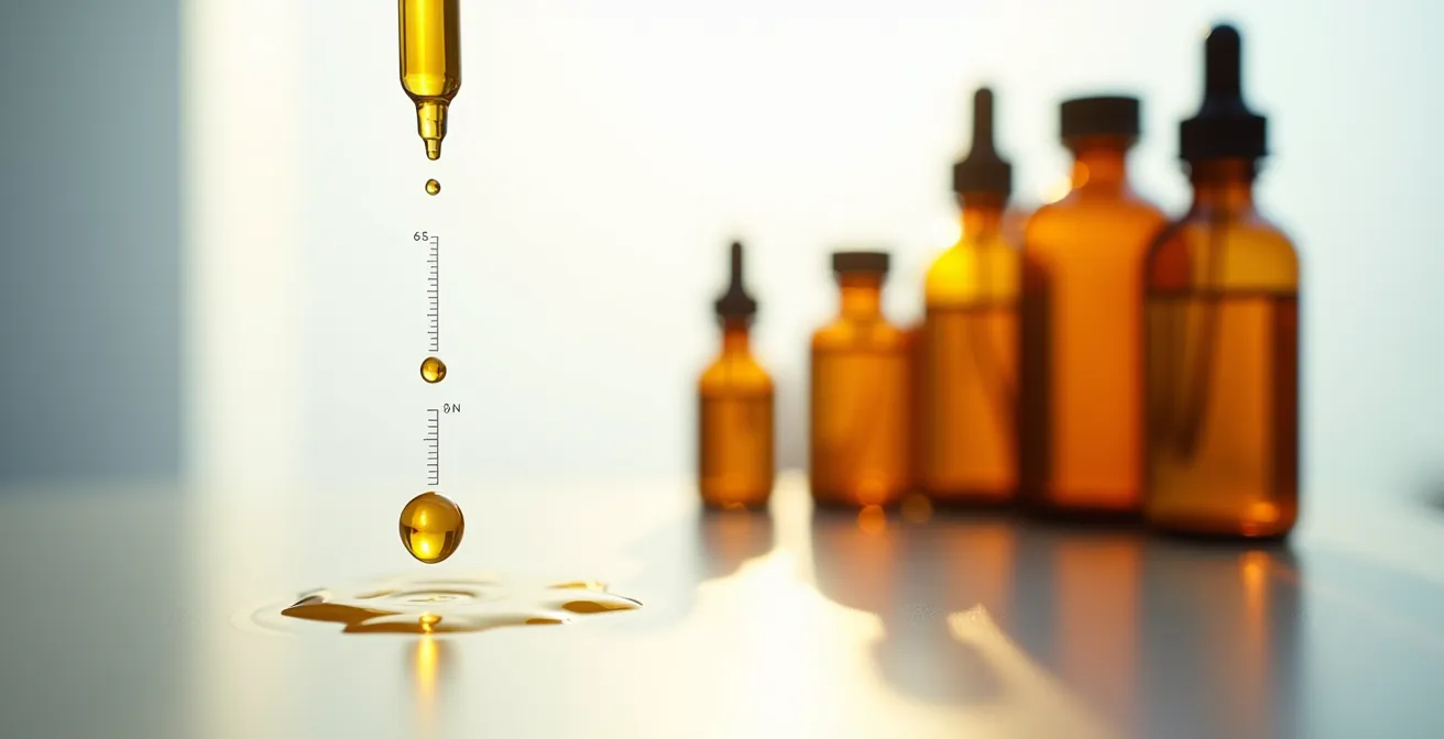 Vue macro d'une pipette graduée avec gouttes d'huile CBD dorée