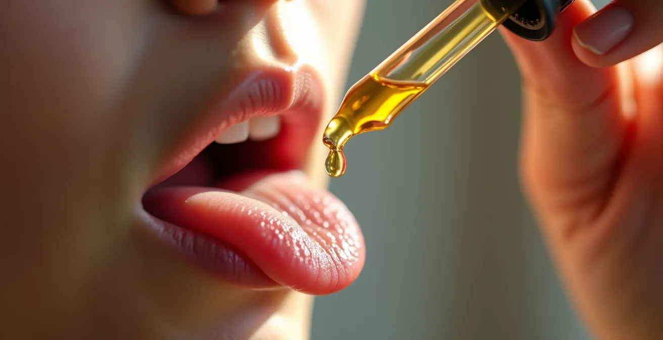 Gros plan sur administration sublinguale d'huile CBD avec pipette compte-gouttes
