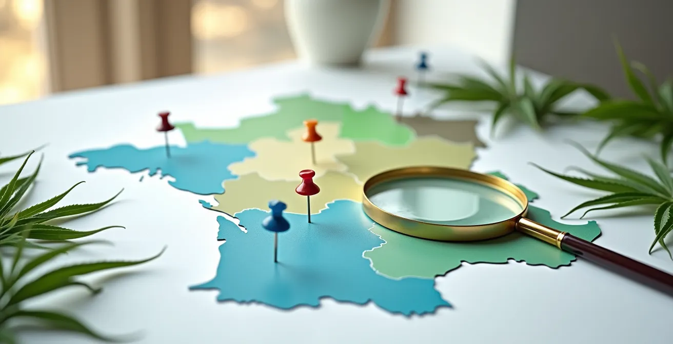 Carte de France stylisée avec des épingles de localisation et une loupe scrutant les détails